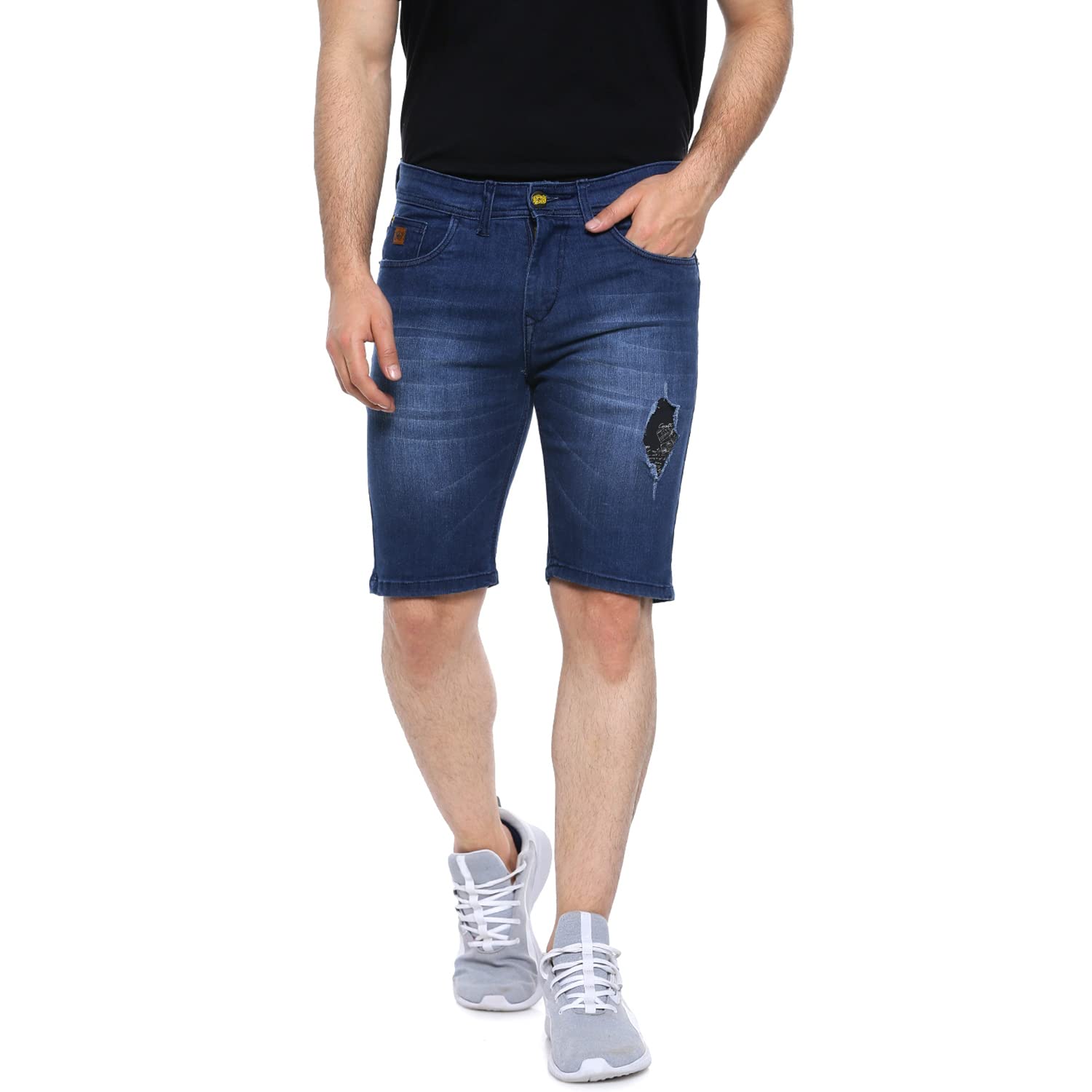 Campus Sutra Mens Denim Shorts for Regular Wear|Blue|Dark Wash|Mild Distress|Slim Fit|Denim Shorts Crafted with Comfort Fit and