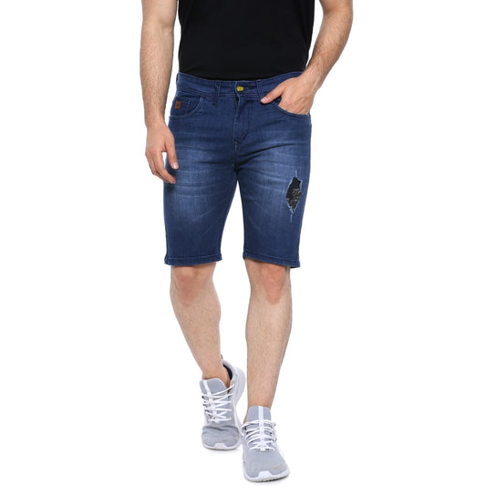 Campus Sutra Mens Denim Shorts for Regular Wear|Blue|Dark Wash|Mild Distress|Slim Fit|Denim Shorts Crafted with Comfort Fit and