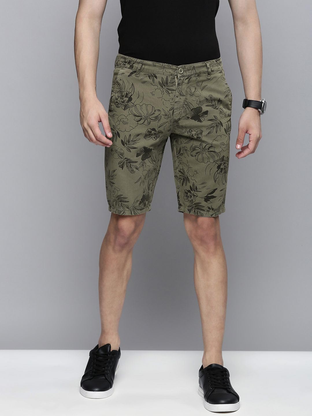 The Indian Garage Co Men Slim Fit Solid Mid-Rise Chino Shorts Olive