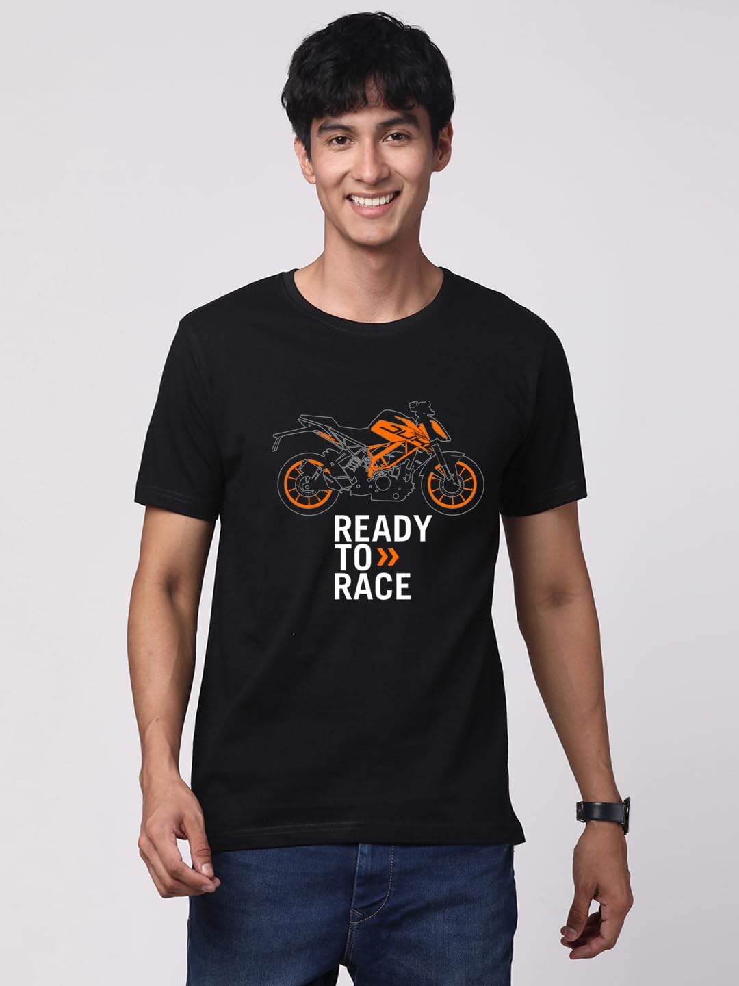 ADRO Men's Biker Design Printed 100% Cotton T-Shirt - Regular Fit, Printed T-Shirts for Men (RN24-KTM-BL_Black)