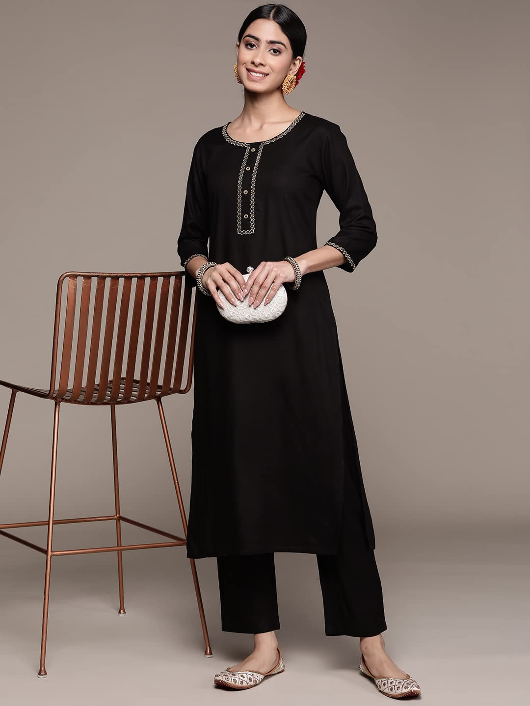 anubhutee Women's Viscose Rayon Black Ethnic Motifs Sequinned Straight Kurta Suit Set With Pants