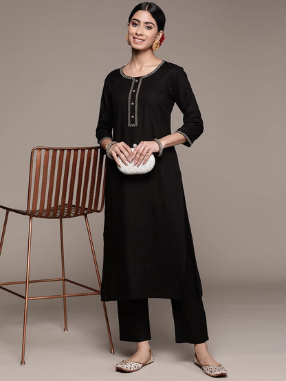 anubhutee Women's Viscose Rayon Black Ethnic Motifs Sequinned Straight Kurta Suit Set With Pants