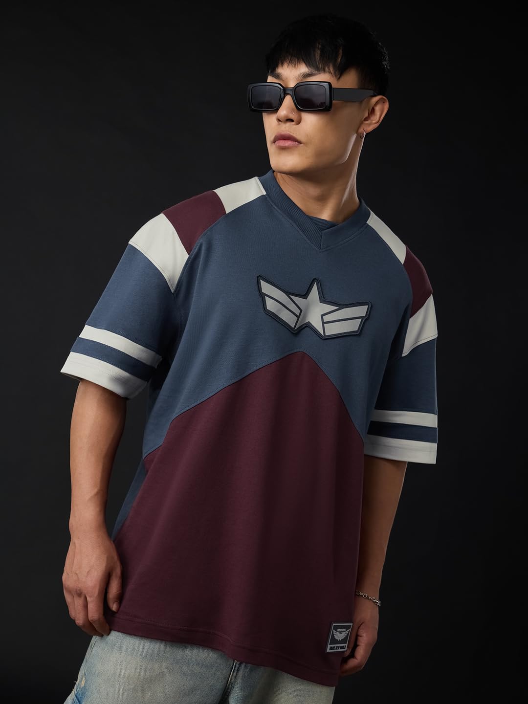 The Souled Store Captain America: Soldier Suit Men and Boys Short Sleeves Round Neck Blue Graphic Printed Cotton Oversized T-Shi