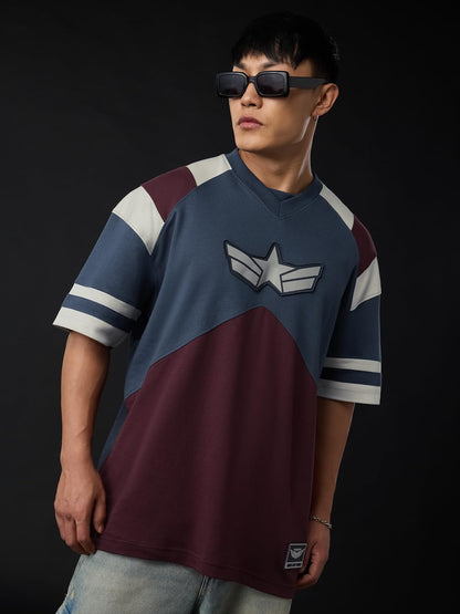 The Souled Store Captain America: Soldier Suit Men and Boys Short Sleeves Round Neck Blue Graphic Printed Cotton Oversized T-Shi