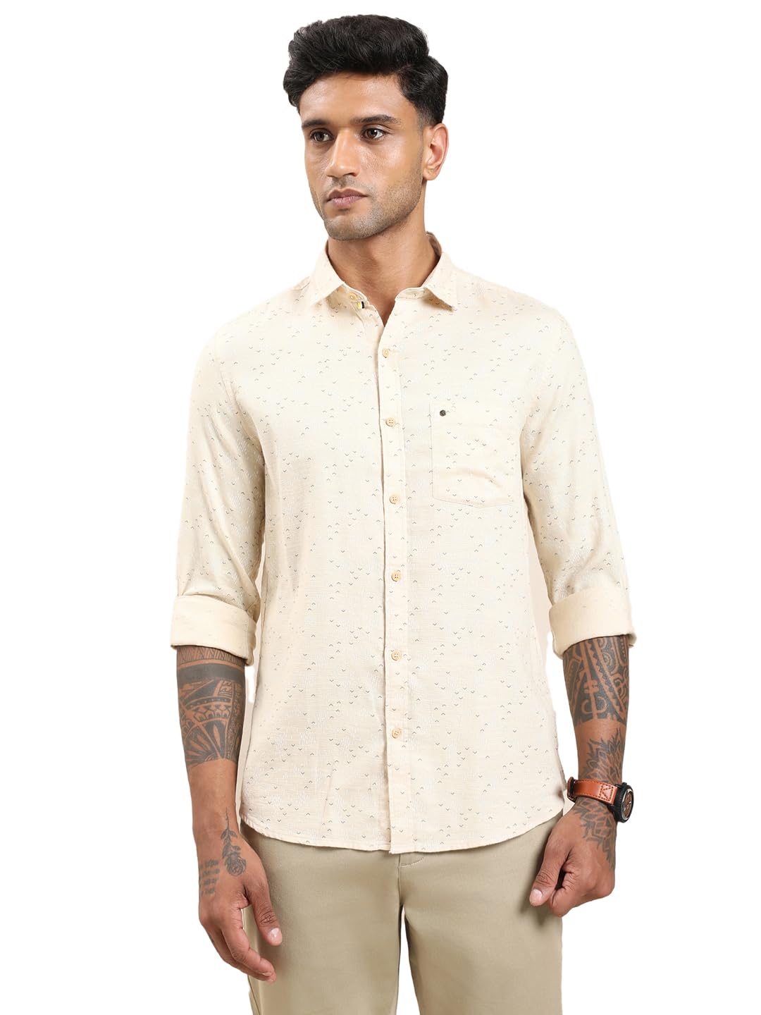 Turtle Men Beige Slim Fit Printed Pure Cotton Casual Shirt