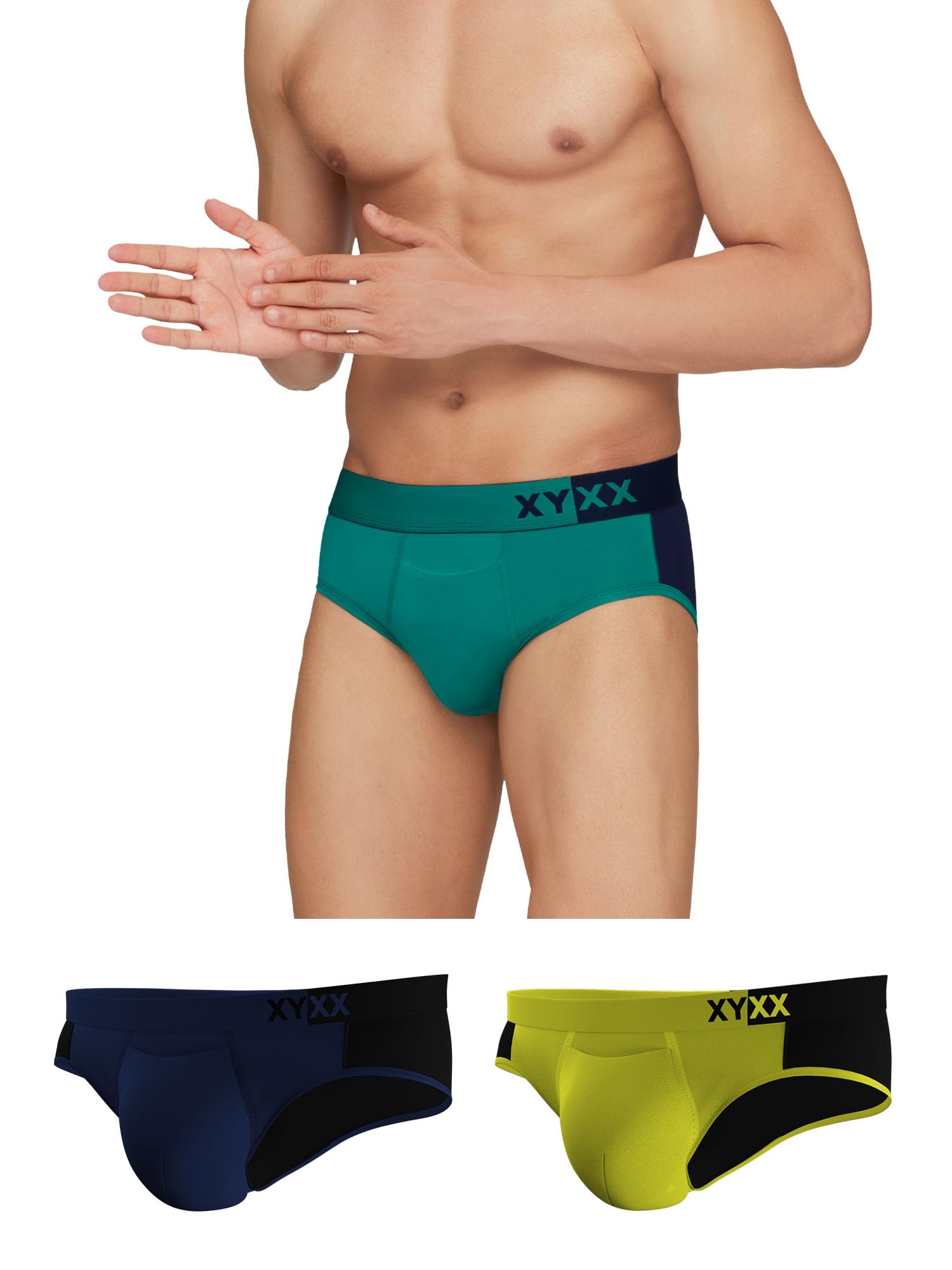 XYXX Mens Underwear Dualist IntelliSoft Antimicrobial Micro Modal Brief Pack of 3 (Navigate & Black Iris;Lime Punch & Black;Bla