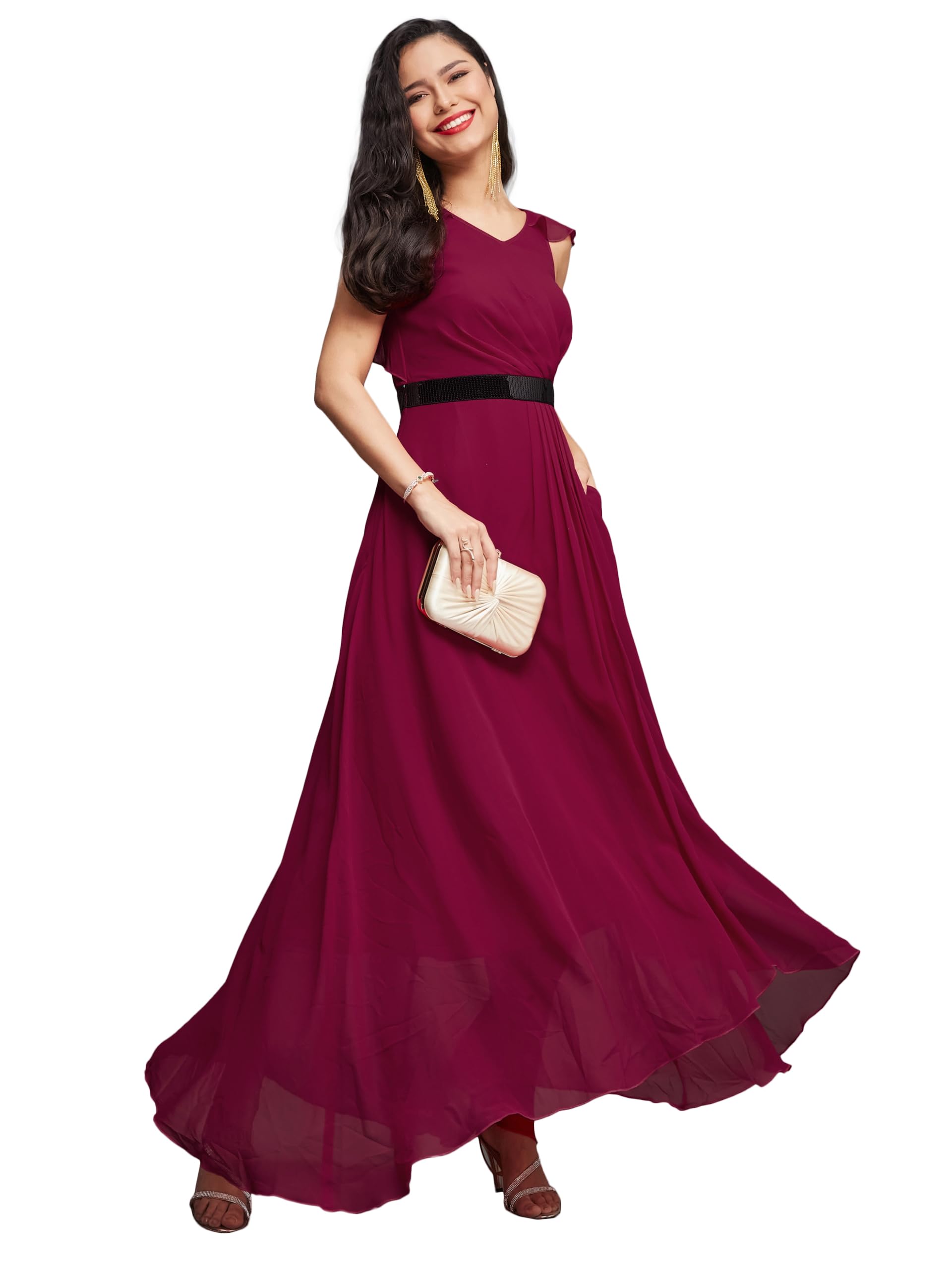 Miss Chase Womens V Neck Ruffled Sleeve Embellished Maxi Dress (MCAW24D95-73-23-05, Dark Pink, L)