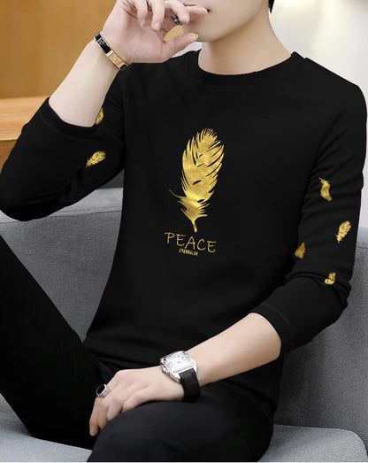 Eyebogler Round Neck Full Sleeve Casual Printed Men Tshirt Black