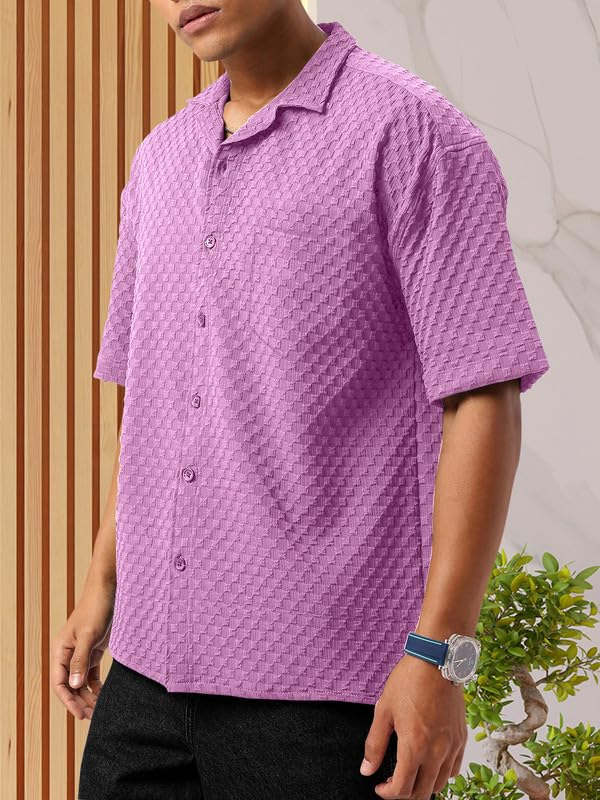 Tee Projekt Mens Regular Fit Popcorn Shirt Half Sleeve Spraed Collar Shirt Pink