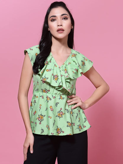 OOMPH! Womens Crepe Printed top with V-Neck and Ruffle Sleeve
