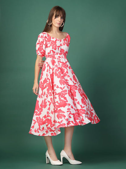 Oomph! Flared Dress For Women Stylish | Long One Piece For Women | Puff Sleeve Long Dress | Floral Print Maxi One Piece | Wester