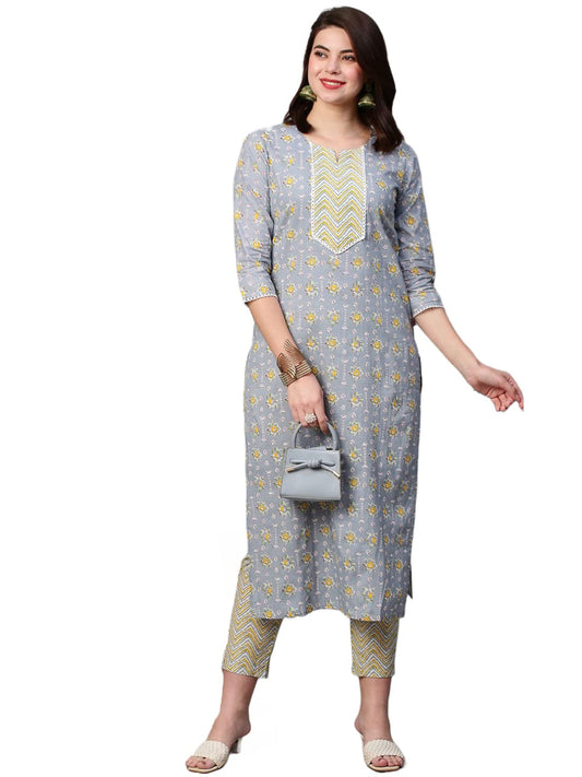 GoSriKi Women's Cotton Blend Traditional Straight Printed Kurta with Pant Set (Mikaa Grey-FBF001-GS)