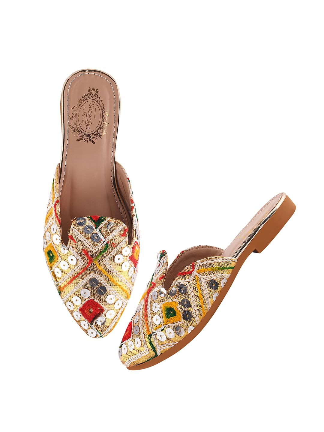 Shoetopia WomenS Multicolor Embroidered Traditional Slip-On Mules  Ethnic Jutti Style Flats With Mirror Work, Gold Base