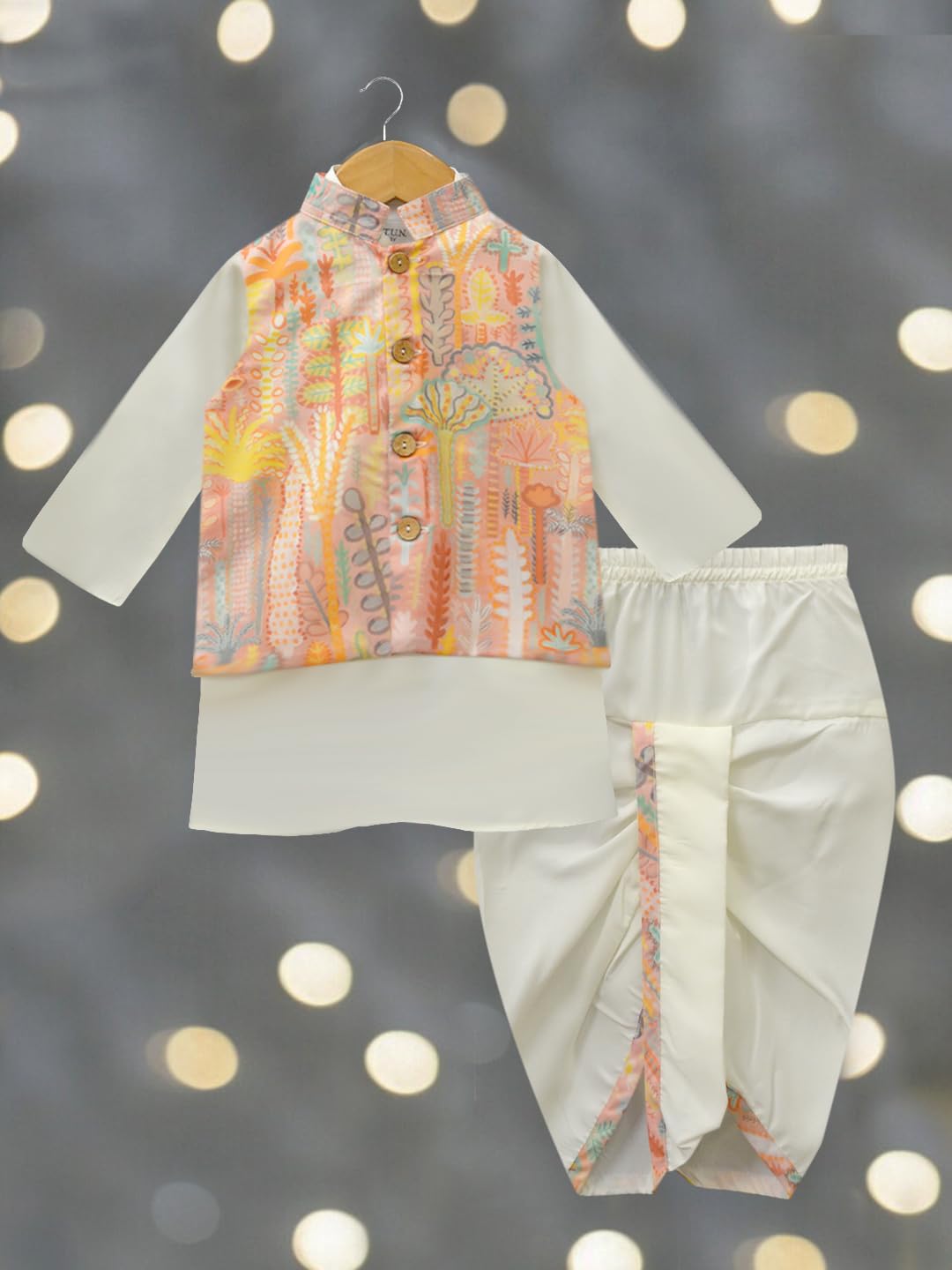 A.T.U.N. (All Things Uber Nice) Boys Off White Kurta Dhoti With Printed Nehru Jacket (3 Piece Set)