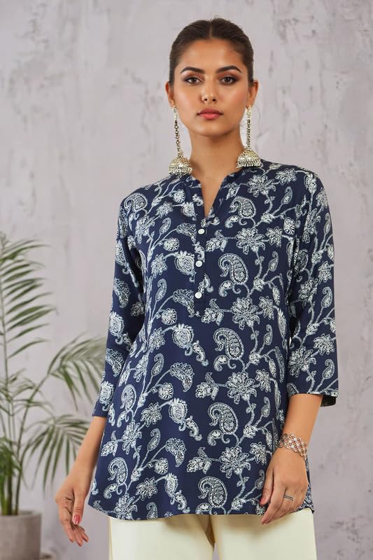 Soch Womens Blue Rayon Tunic with Floral and Paisley Print