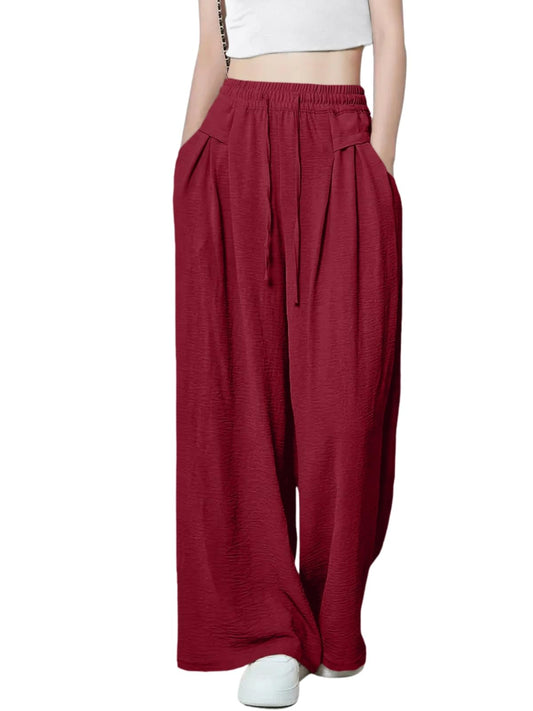 Greciilooks WomenS Loose High Rise Textured Trousers | High-Waisted Pant | Korean Trousars