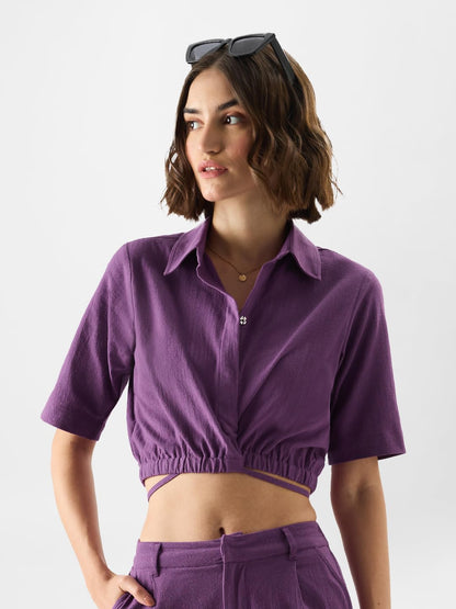 The Souled Store Solids: Plum Women and Girls Short Sleeve Button Down Cropped Shirts
