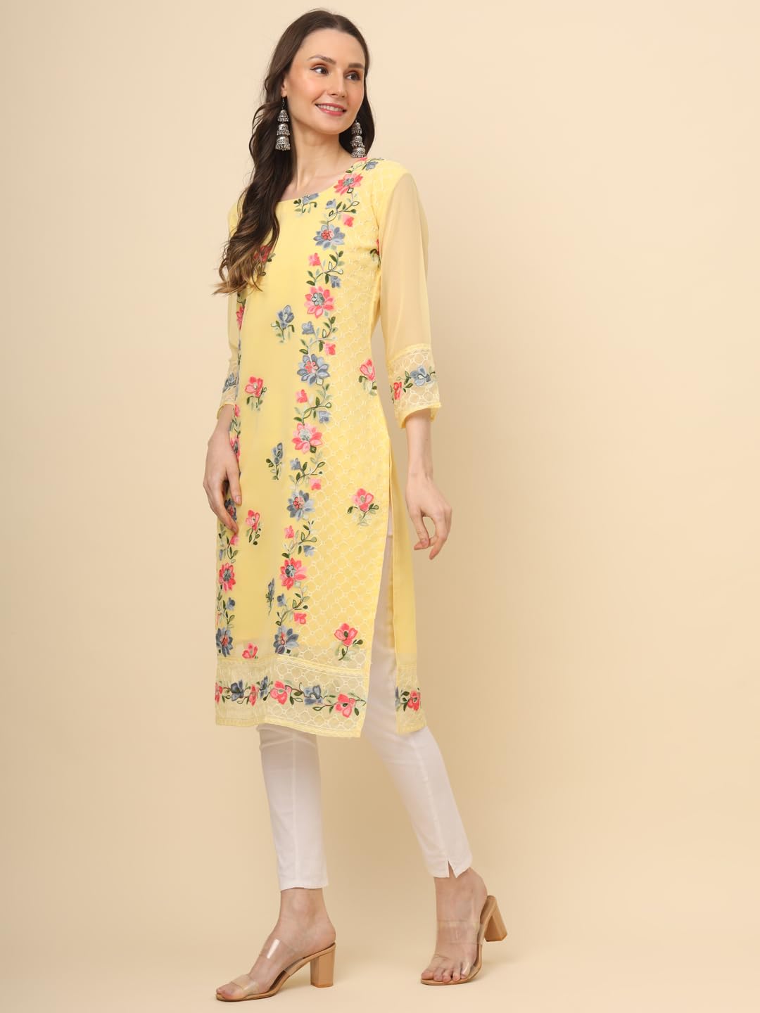 Ekasya WomenS Georgette Straight Cut Round Neck Kurta With Beautiful Embroidery Work (E1628)For An Elegant And Sophisticated Lo