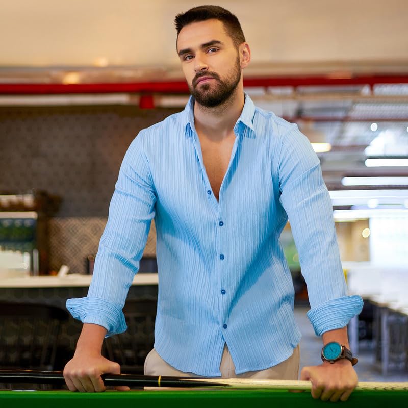 Campus Sutra Mens Powder Blue Self-Design Striped Shirt for Casual Wear | Spread Collar | Long Sleeve | Button Closure | Shirts