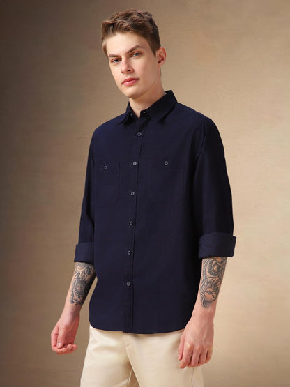 Dennis Lingo Men Blue Solid Cotton Relaxed Fit Full Sleeve Shirts