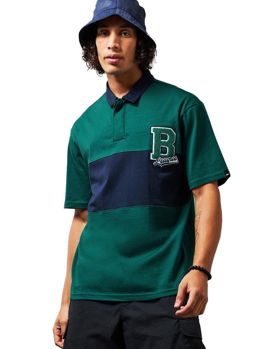 Bewakoof Mens Color Blocked Oversized Fit Half Sleeve Polo Cotton T-Shirt_630861_Green_S