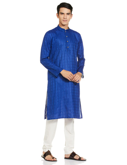 Manyavar Blue Cotton Self Design Casual Kurta Set For Men