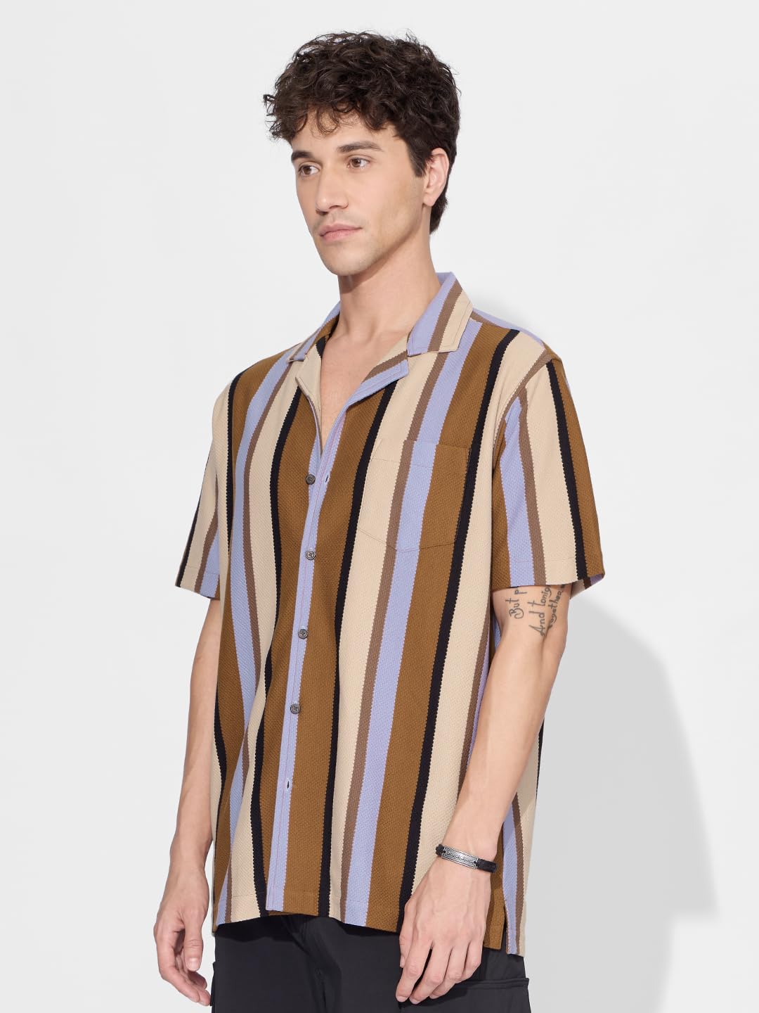 The Souled Store Stripes: Rust, Purple, Yellow Men and Boys Short Sleeves Collared Neck Button Front Cotton Blend Knit Shirts