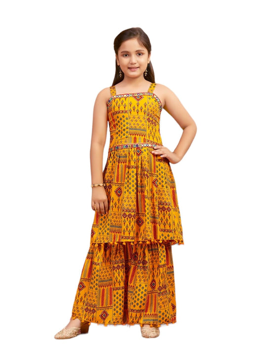 Aarika Girls Ethnic Wear Yellow Colour Printed Mirror Lace Polyester Kurti Sharara Set (4-10 Years)