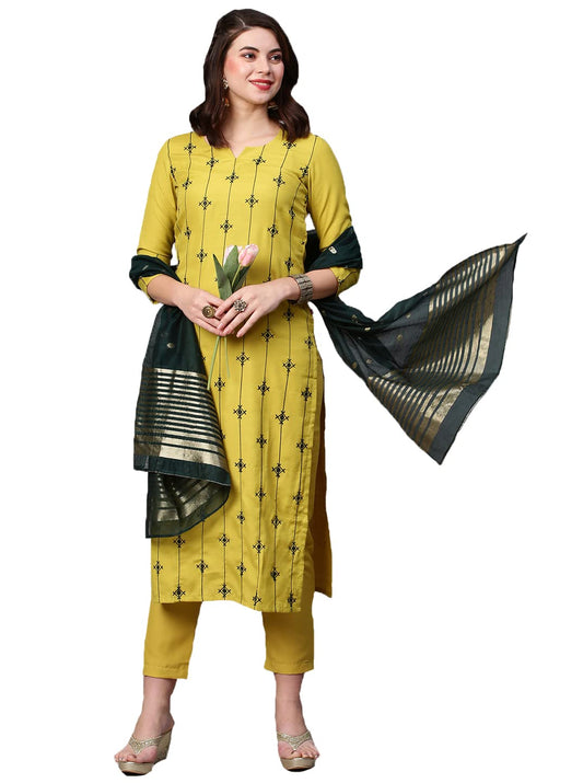 ANNI DESIGNER Women's Cotton Blend Embroidered Straight Kurta with Pant & Dupatta (WORO)