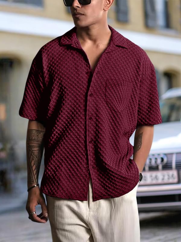 Pinkmint Bubble Textured Shirt For Men Ll Half Sleeve Stylish Button Down ShirtS Ll MenS Pocket Shirt (Pack Of 1) Maroon