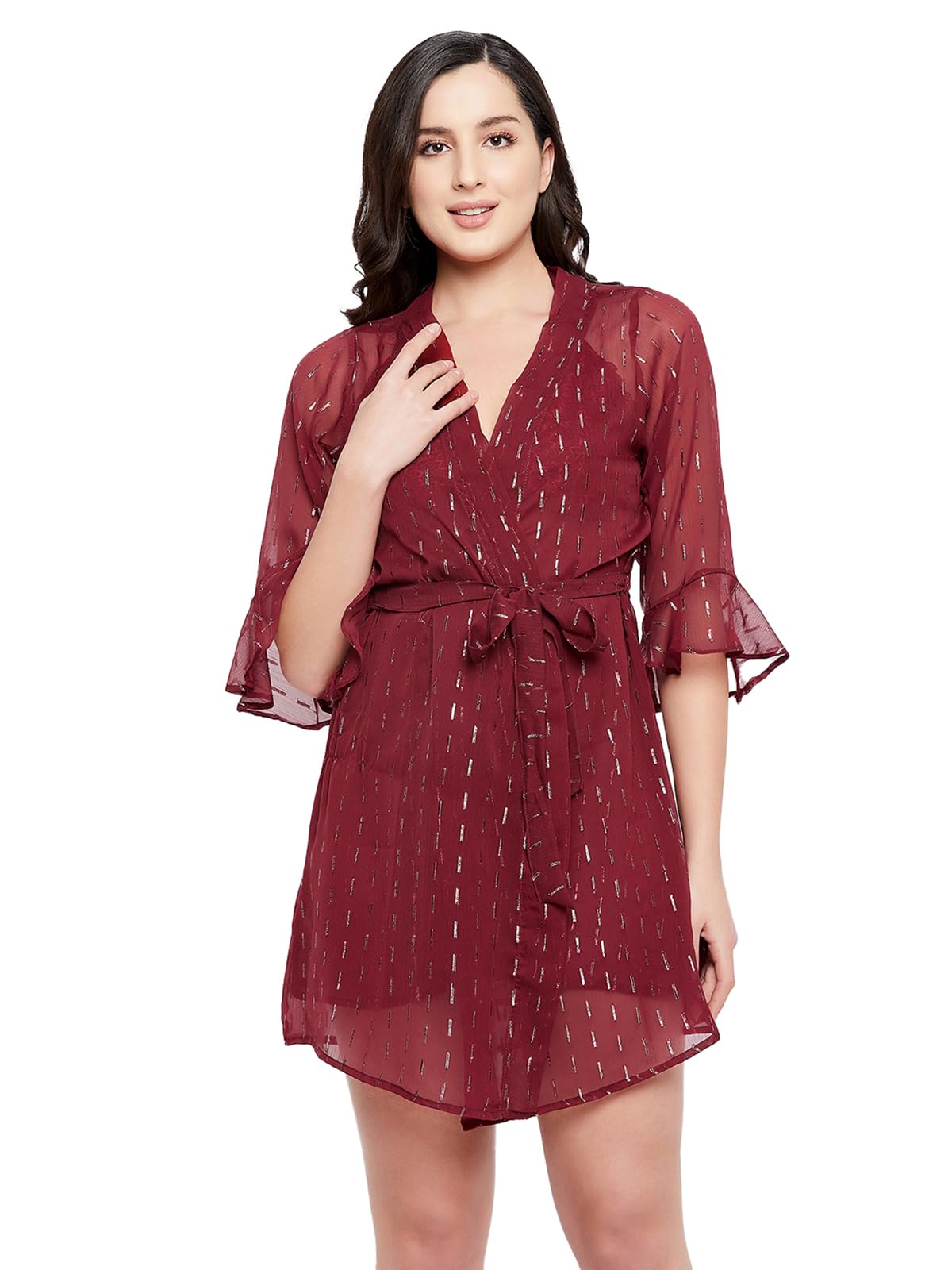 Clovia Womens Georgette Print Me Pretty Sheer Robe (NS1371A09_Maroon_M)