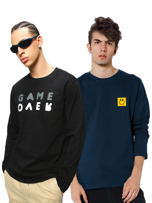 Bewakoof Mens Gave Over and Smile Printed 100% Cotton T-Shirts (Pack of 2) - Regular Fit, Round Neck, Full Sleeves_601701_Black