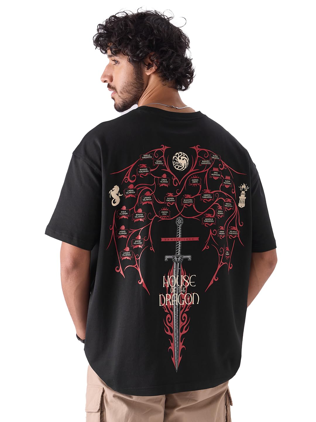 The Souled Store Official House of The Dragon: Family Tree Men and Boys Round Neck Short Sleeve Black Graphic Print Oversized Fi