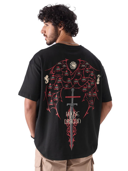 The Souled Store Official House of The Dragon: Family Tree Men and Boys Round Neck Short Sleeve Black Graphic Print Oversized Fi