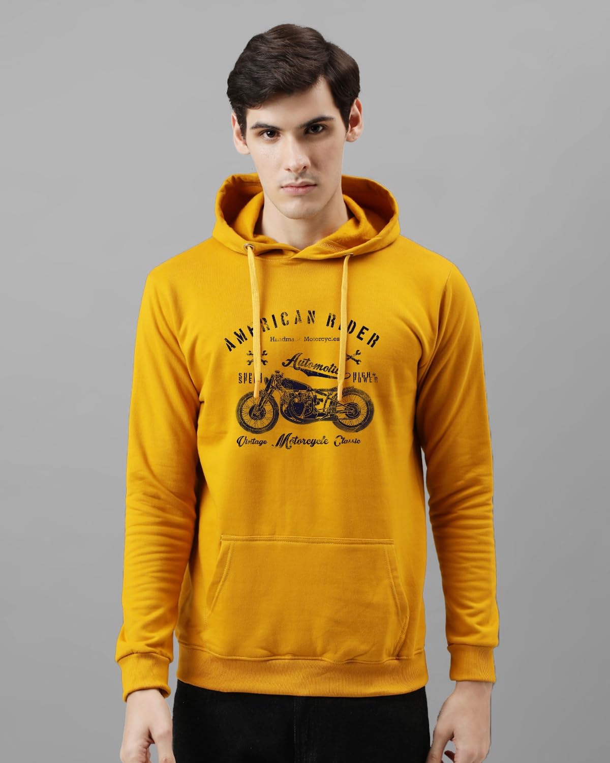 ADRO Men's Cotton Neck Hooded Sweatshirt (H-M-AME-MU_Mustard)