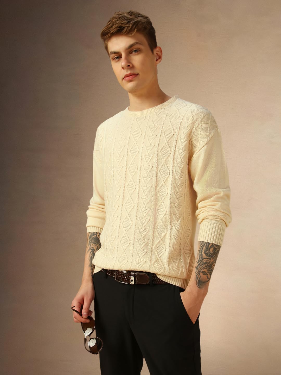 Dennis Lingo Men Cream Solid Acrylic Regular Fit Full Sleeve Sweater