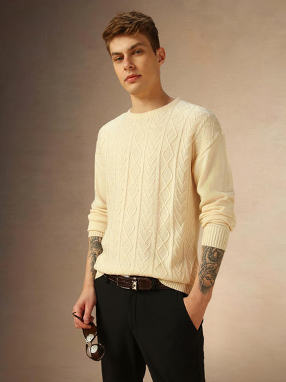 Dennis Lingo Men Cream Solid Acrylic Regular Fit Full Sleeve Sweater
