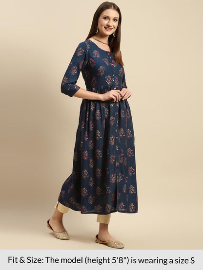 rangita Navy Rayon Calf Length Printed Flared Kurti for Women | Kurta for Women