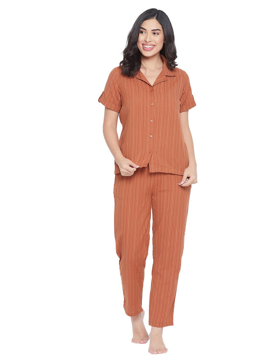 Clovia Womens Cotton Striped Pajama Set Pack of 2 (LS0385D06XXL_Brown_XXL)