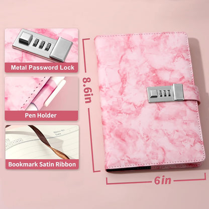 AccuPrints Marble Pattern Lock Diary Writing Notebook,A5 Fancy PU Leather Planner, Personal journals Combination Lock Secret,Gif