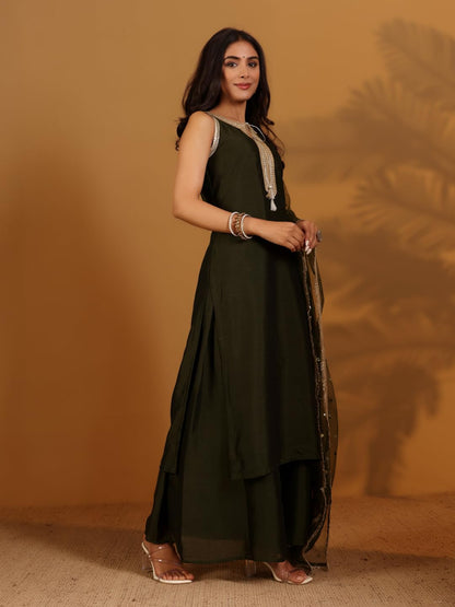 Varanga Zari & Sequin Lace Embellished Sleeveless Straight Kurta Paired With Tonal Plazzo And Dupatta Olive