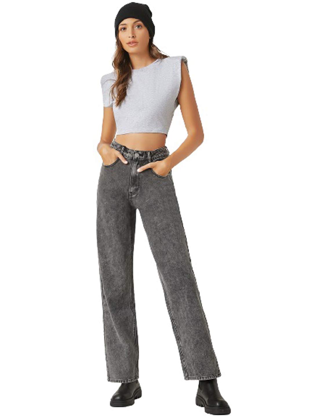 KOTTY Womens High Waist Skinny Fit Ankle Length Clean Look Black Denim Jeans
