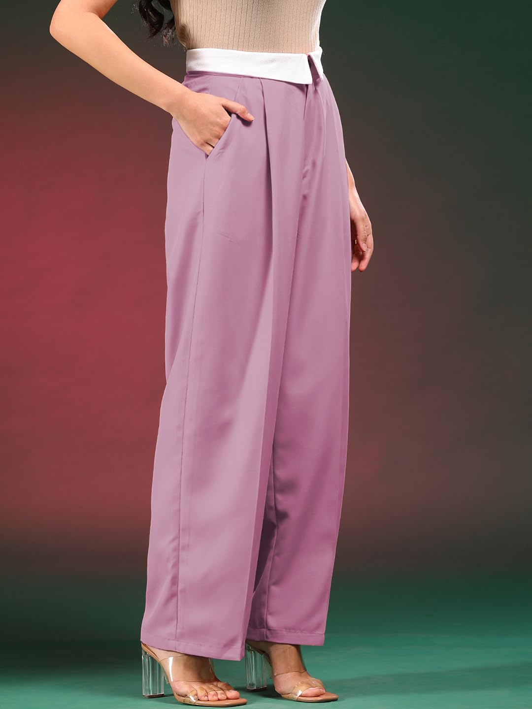Kotty WomenS High Rise Viscose Rayon Relaxed Fit Trousers(Pink,28)