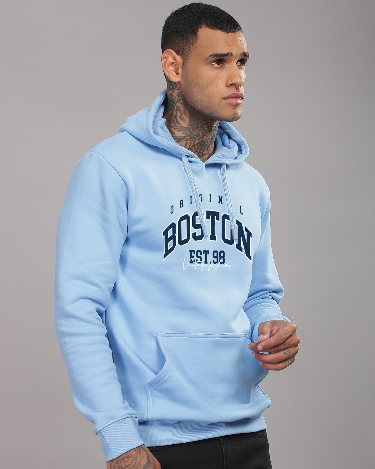 ADRO Men's Cotton Neck Hooded Sweatshirt (H24-BOST-SK_Sky Blue