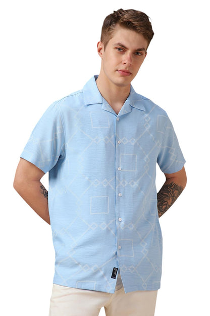 Dennis Lingo Men Light Blue Printed Polyester Relaxed Fit Cuban Collar Half Sleeves Casual Shirt