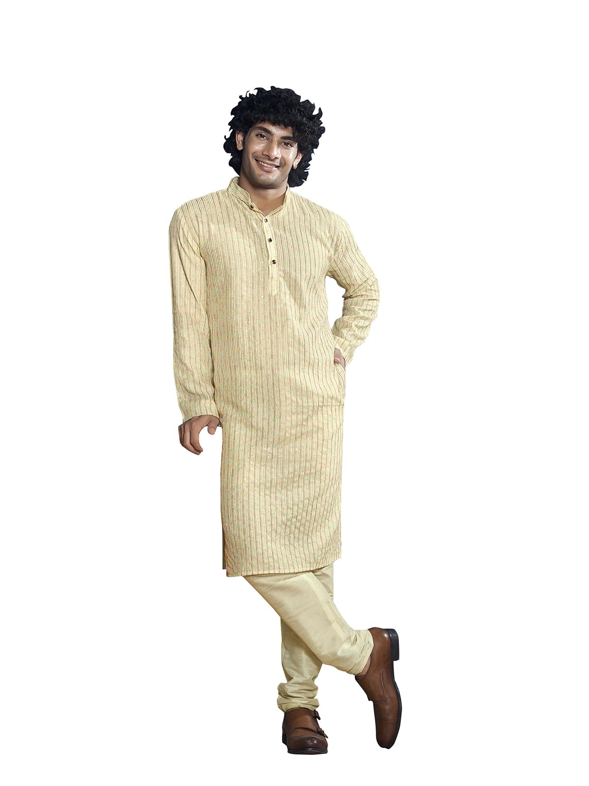 Vardha MenS Viscose Sequin Embellished Stitched Kurta, White Pattern Thread Work Mandarin Collar Long Sleeves Straight Kurta, A