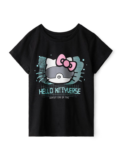 The Souled Store Hello Kitty: Kittyverse Young Girls Short Sleeves Round Neck Black Graphic Printed Regular Fit Cotton T-Shirts