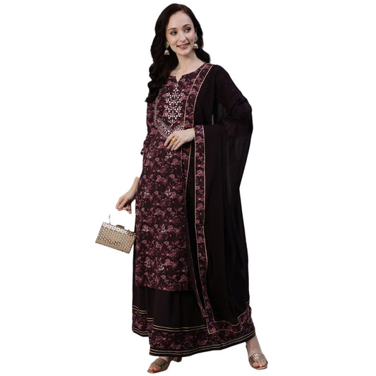 ishin Cotton Silk Women's Embellished A-Line Kurta Set With Sharara And Dupatta