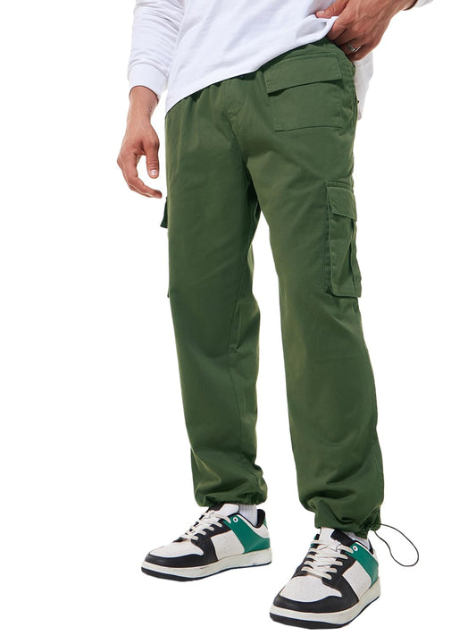Bewakoof Mens Solid Oversized Fit Cotton Blend Cargo Pants_609774_Green_28