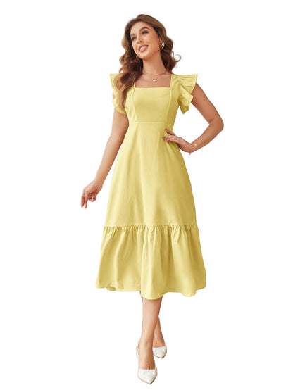 Shasmi GirlS & WomenS Solid Yellow Color Square Neck, Ruffle-Trimmed Hem Sleeveless, Ruffle Armhole And Casual Dress With Cinc